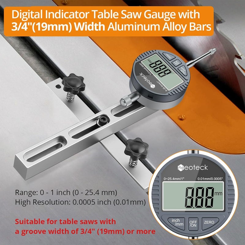 Neoteck 0-1'' Digital Dial Indicator Table Saw Gauge Suitable for Table Saws with a Groove Width of 3/4" (19mm) or more for Aligning and Calibrating Work,Shop Machinery,Band Saw and Drill Press-Silver - Image 2